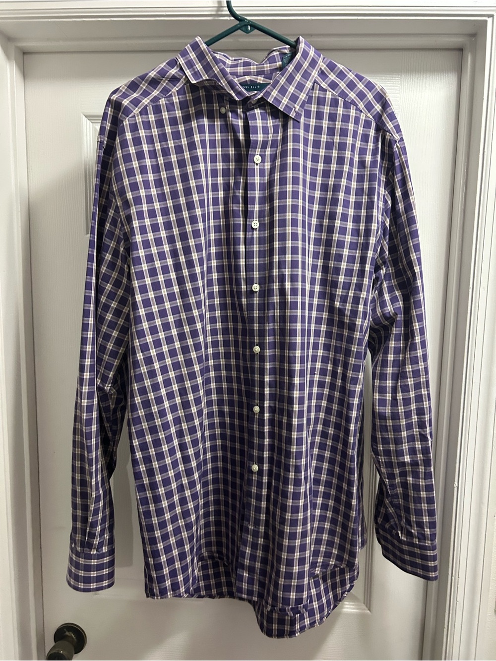 Perry Ellis Purple and White Plaid Button-Down Shirt